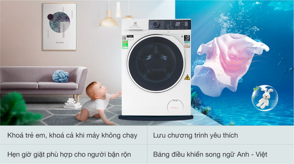 Máy giặt sấy Electrolux Inverter 9 kg EWW9024P5WB-Tạo cảm giác an tâm cho người lớn với chức năng khóa trẻ em