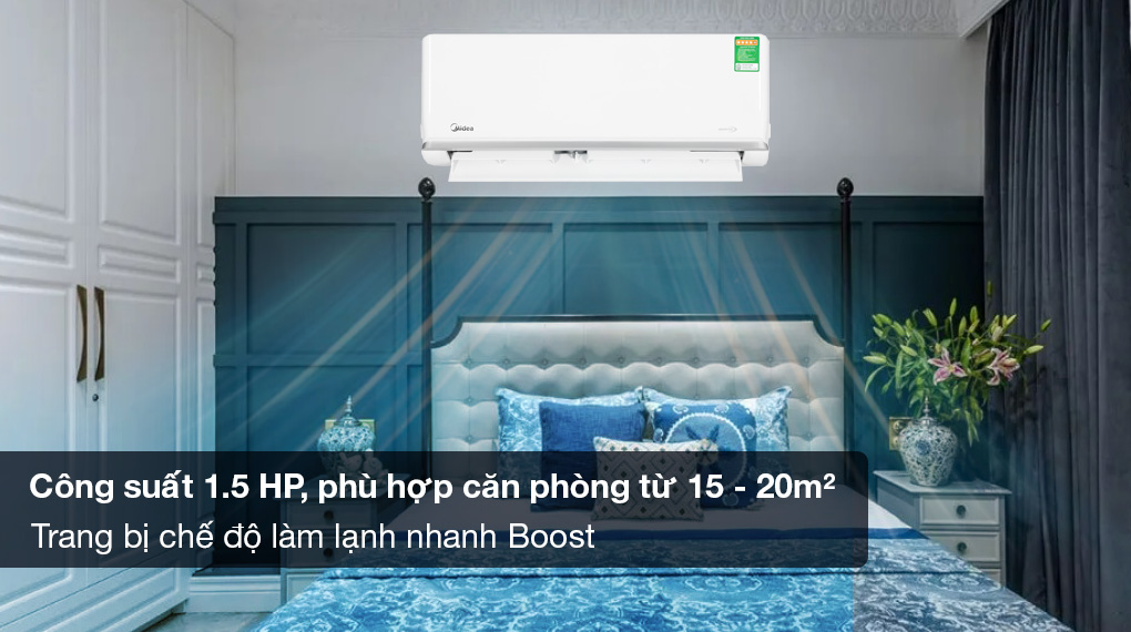 Máy lạnh Midea Inverter 1.5 HP MSAGA-13CRDN8 - Công suất 1.5HP phù hợp diện tích căn phòng từ 15 - 20m2, trang bị chế độ làm lạnh nhanh Boost