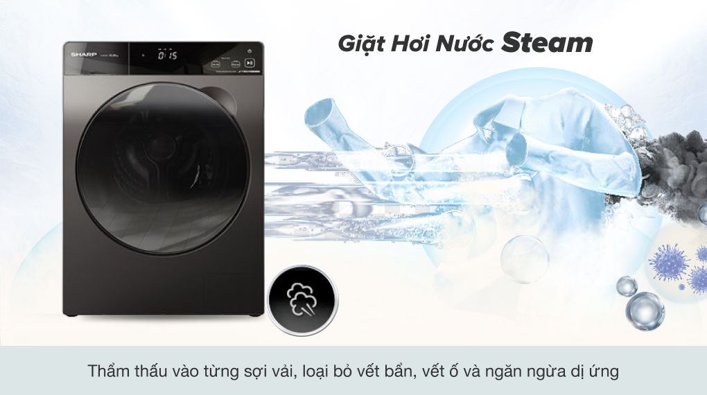 Máy giặt Sharp Inverter 10.5 Kg ES-FK1054PV-S - Giặt hơi nước Steam diệt khuẩn