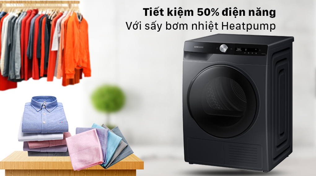 Máy sấy Samsung Inverter 9 kg DV90T7240BB/SV - Tiết kiệm 50% điện năng, sấy khô từng sợi vải với sấy bơm nhiệt Heatpump