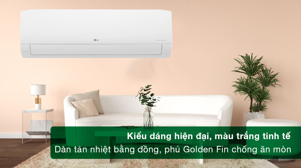 Máy lạnh LG Inverter 2 HP V18WIN - Kiểu dáng hiện đại, màu trắng tinh tế, dàn tản nhiệt bằng đồng và phủ lớp Golden Fin chống ăn mòn