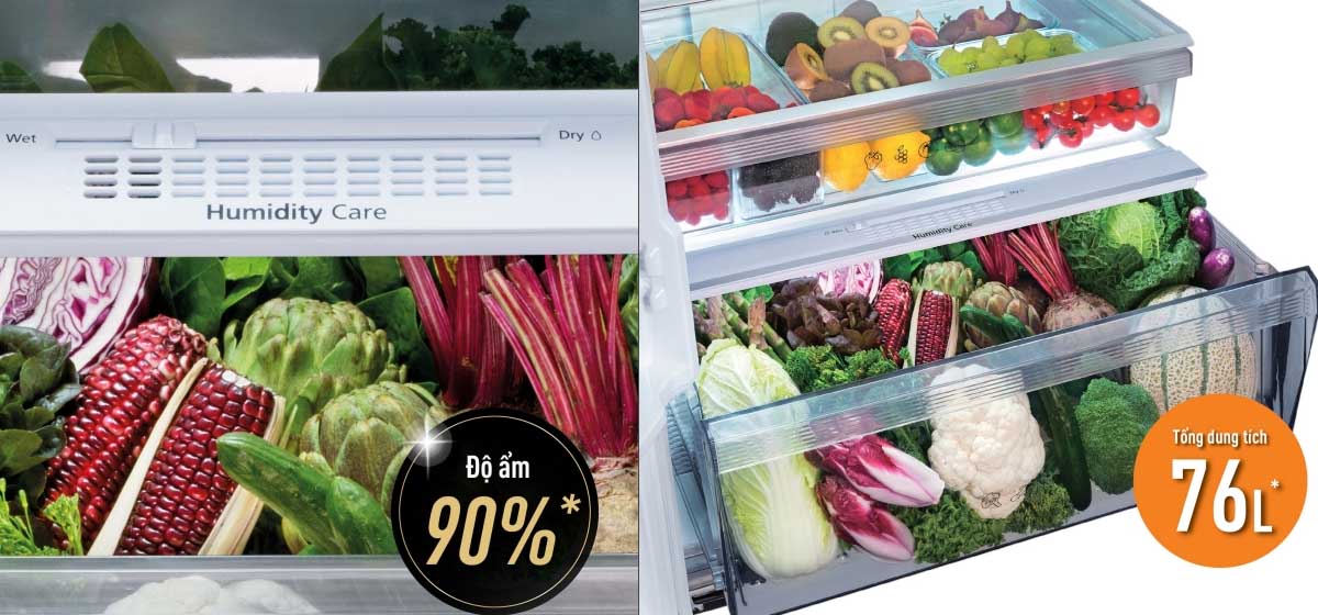 Ngăn rau củ kép giúp kiểm soát độ ẩm thực phẩm, tươi ngon